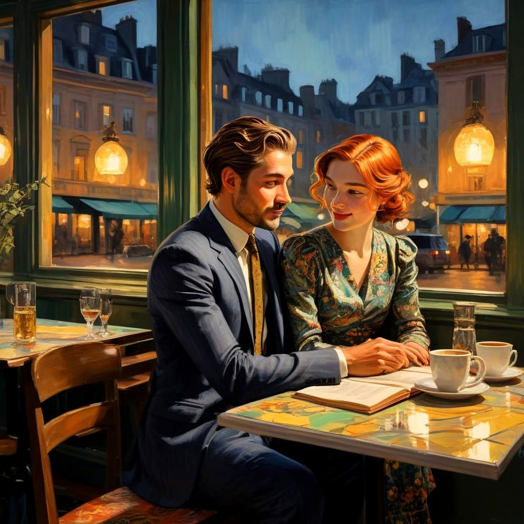 Romantic Parisian Cafe Scene in Vibrant Oil Painting Style