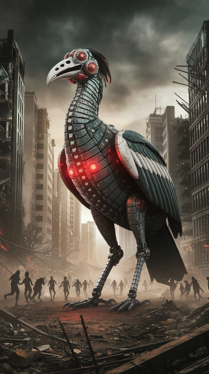 Cybernetic Hoatzin Monster Towers Over a Desolate Apocalypse