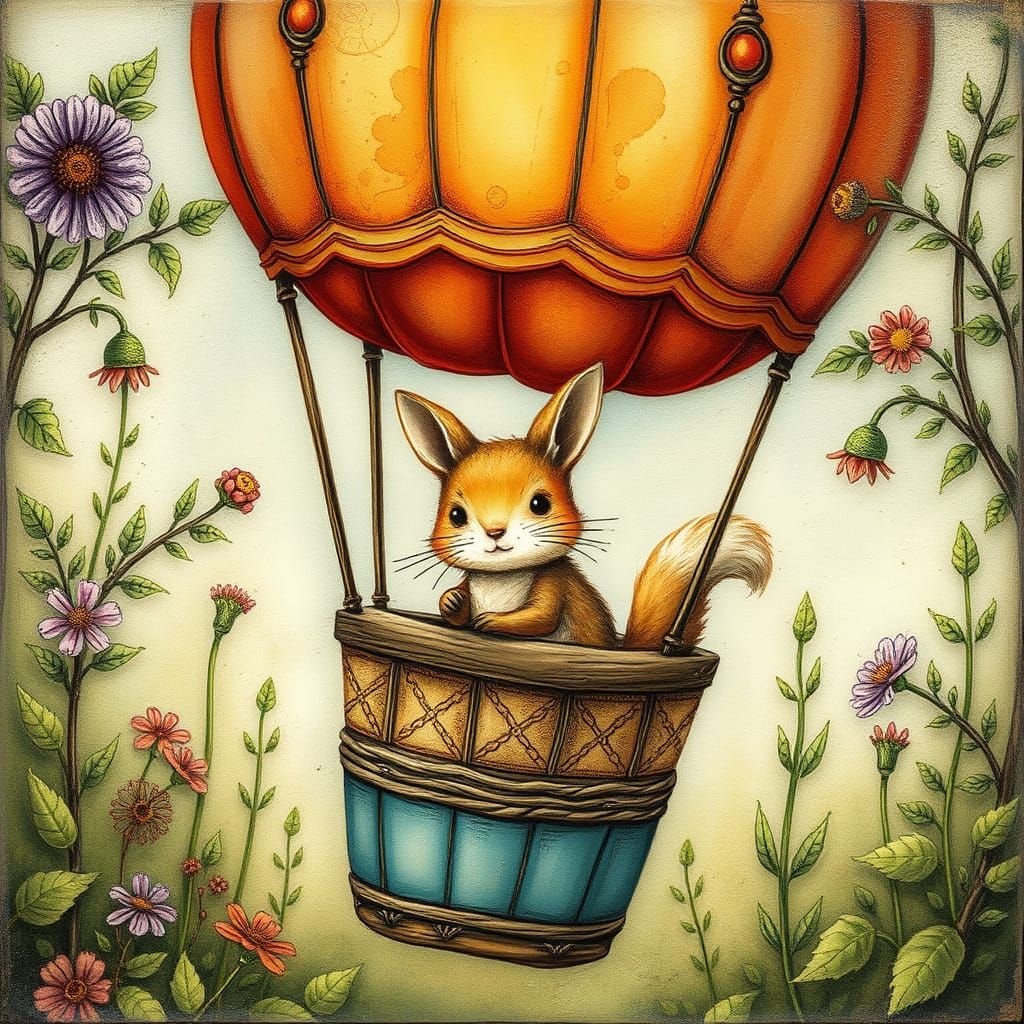 Whimsical Woodland Creature in Hot Air Balloon
