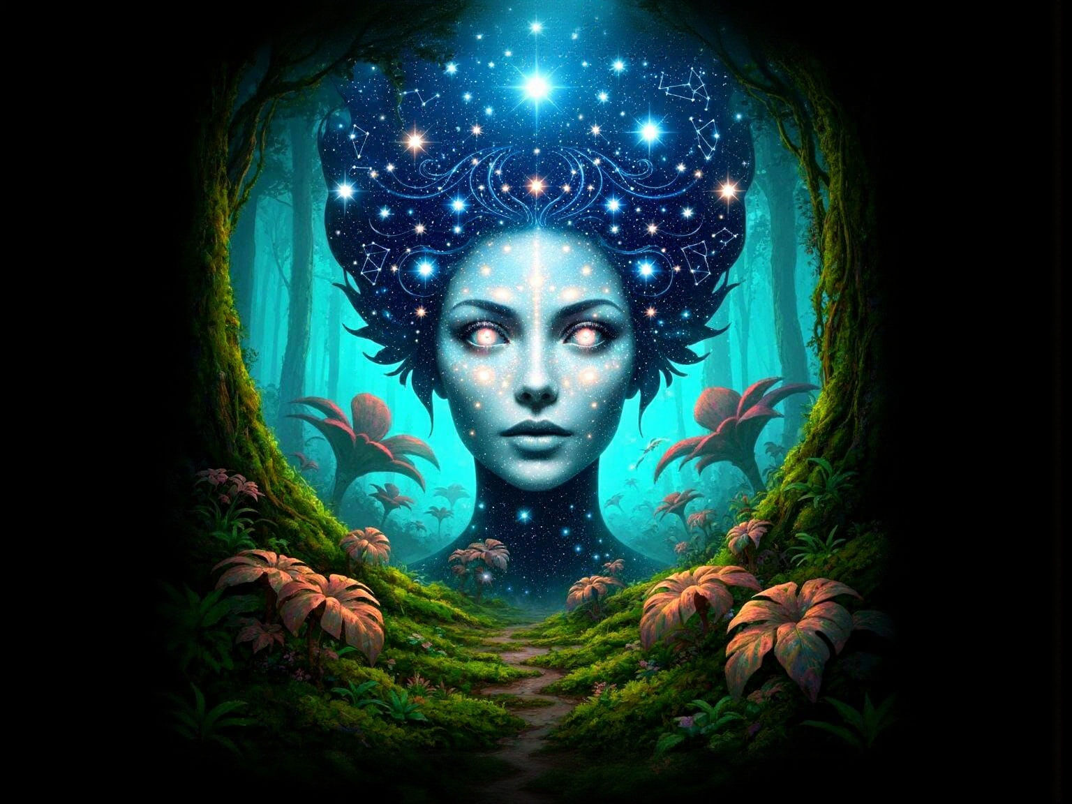 Starlight Woman's Face in Glowing Forest