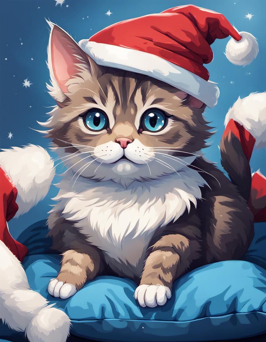 Cute Cartoon Cat in Santa Hat, Anime Style