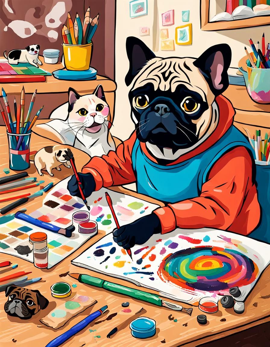 Pug Helping Cats with Art Project