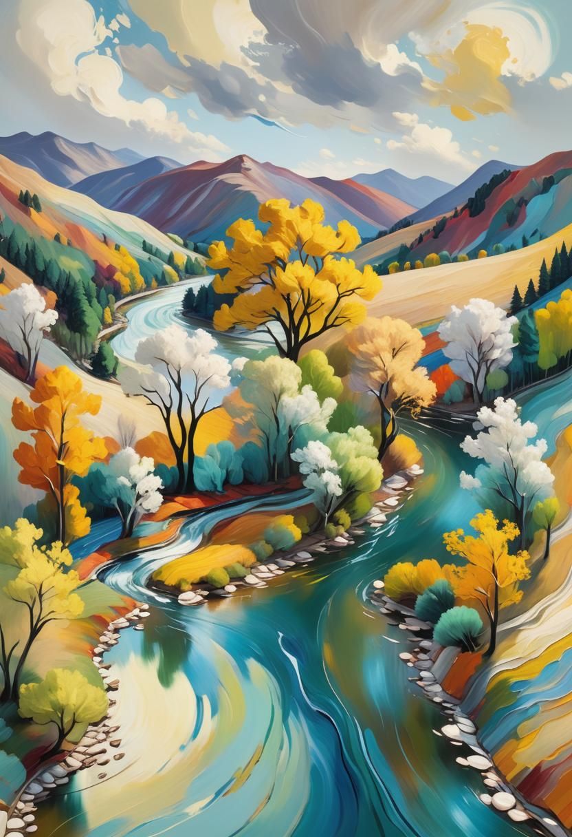Expressionist Landscape Art with Flowing River and Trees