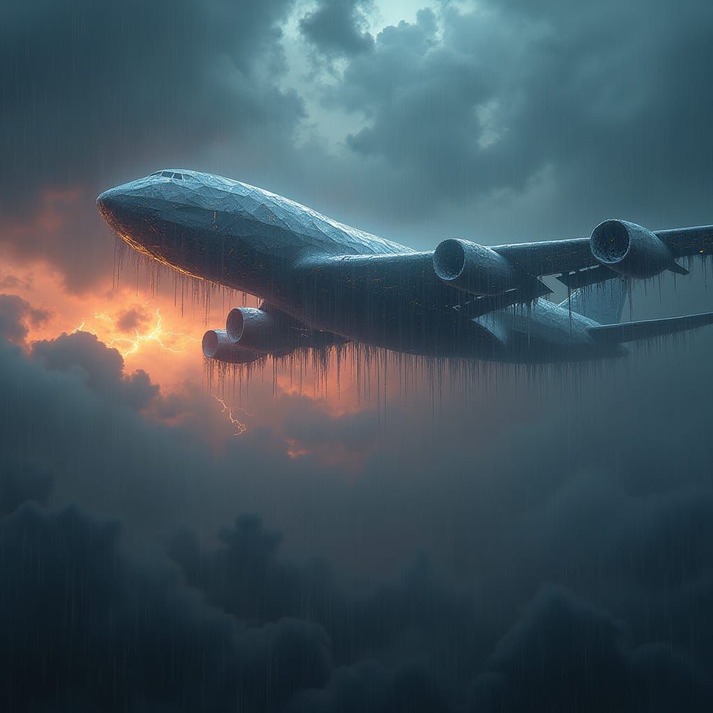 Crystal Airplane Hovers Amidst Dark Stormy Skies