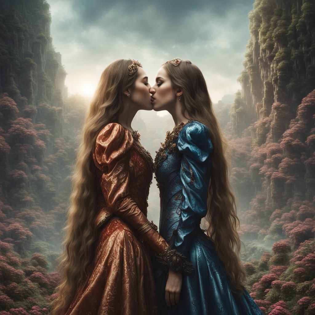Two Girls Kissing as Detailed Matte Painting