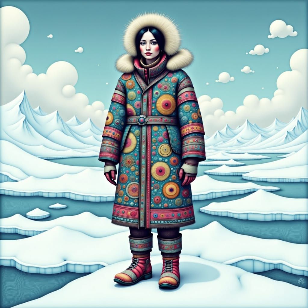 Inuit Woman on Tundra in Swirly Style