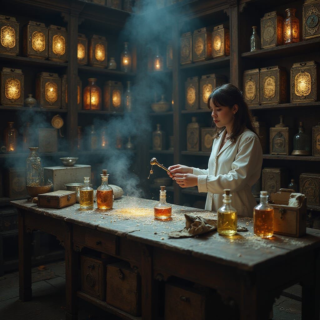 Alchemist's Workshop with Glowing Potions and Wand