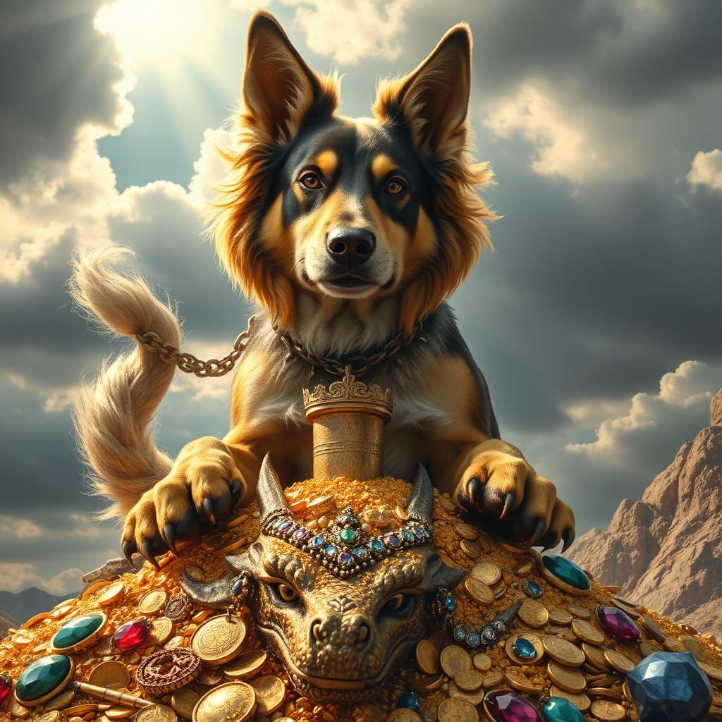 Golden Canine Conqueror Triumphs Over Defeated Dragon