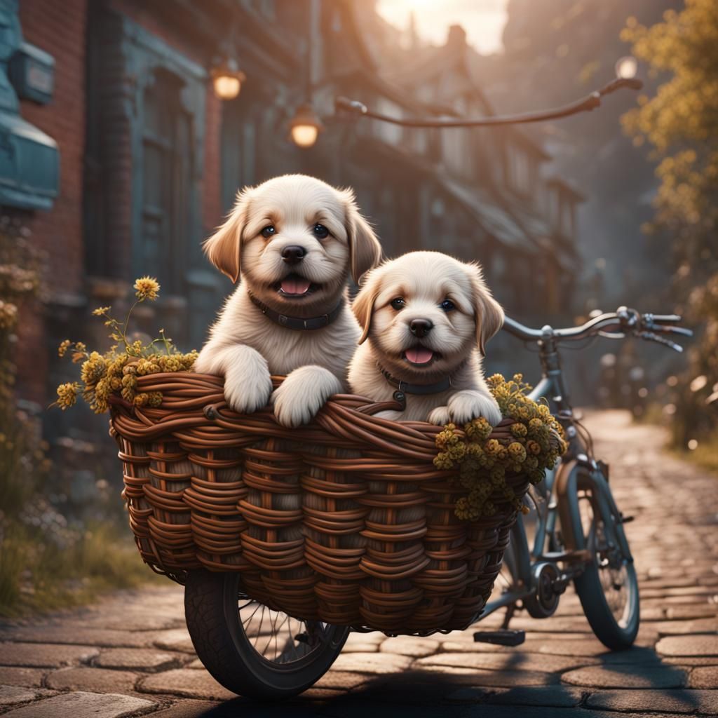 Puppies in Bicycle Basket: Detailed Fantasy Art