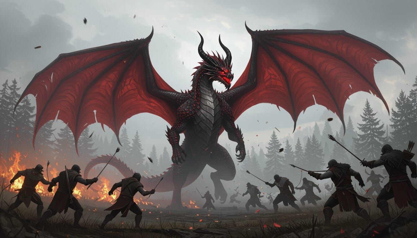 Crimson Dragon Battles Werewolves in Burning Forest