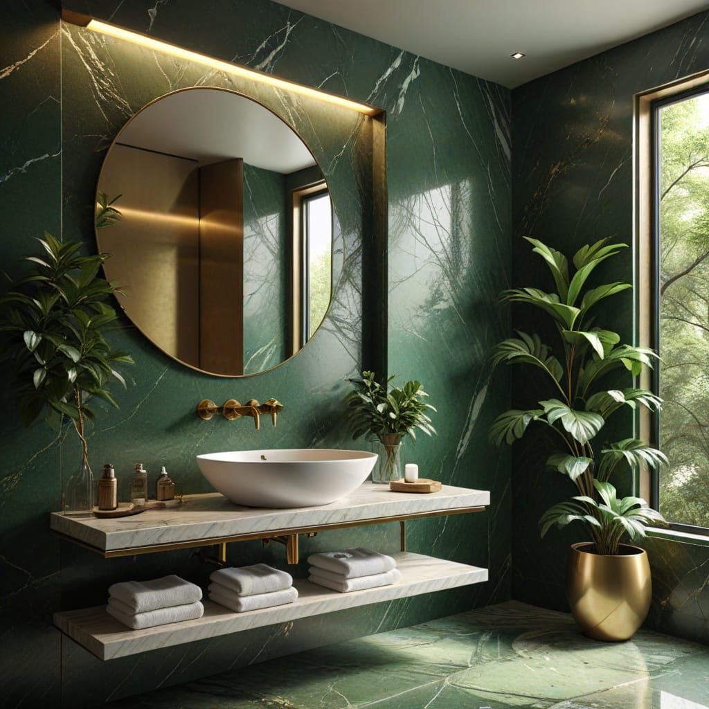 Elegant Green Marble Bathroom with Brass Accents