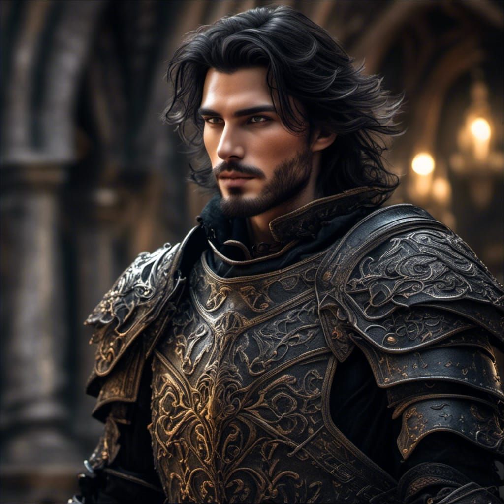 Hyperrealistic Knight in Black Armor with Scar