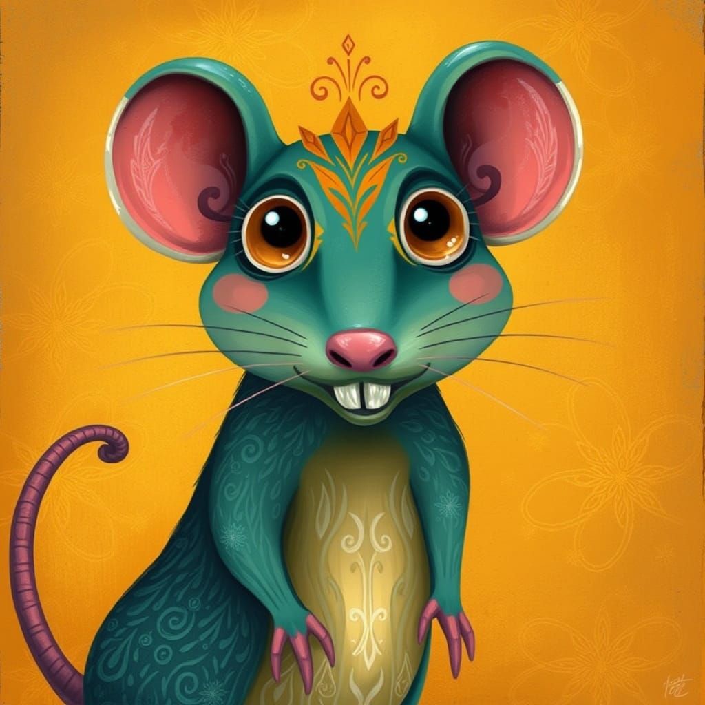 Whimsical Raton with Mischievous Grin in Folk Art Style