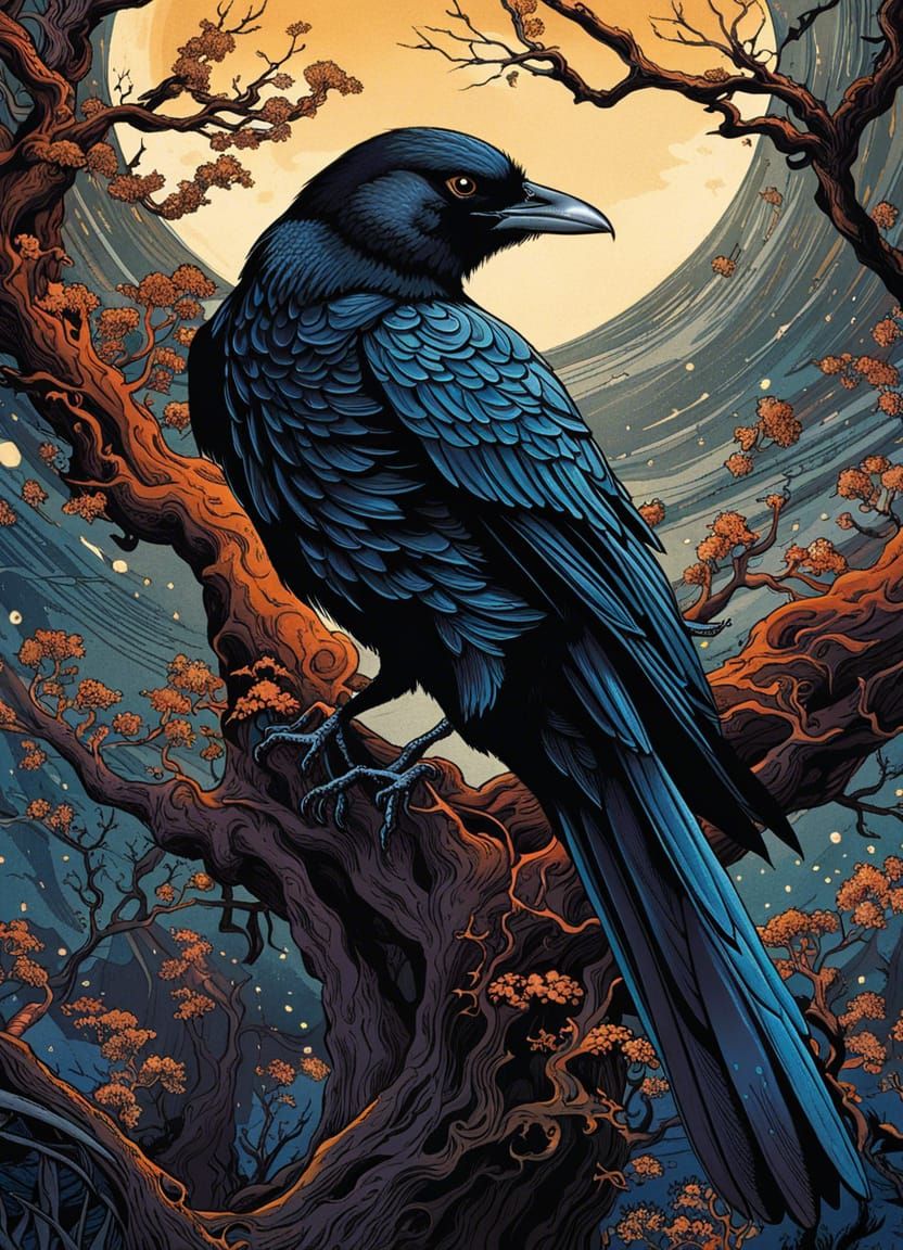 Japanese Woodblock Crow in Tree with Moon