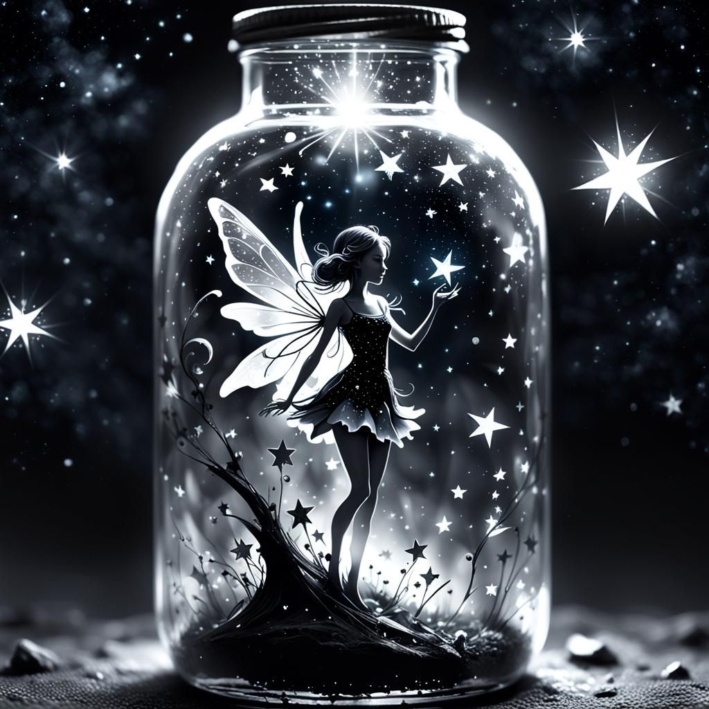 Magical Fairy in Bottle, Black and White Macro Photo