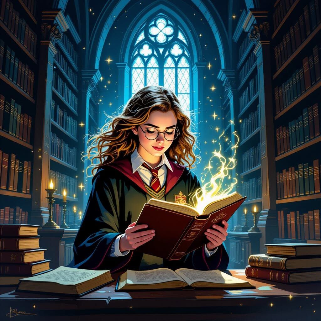 Hermione Granger in an Ancient Library, Illustrated Style