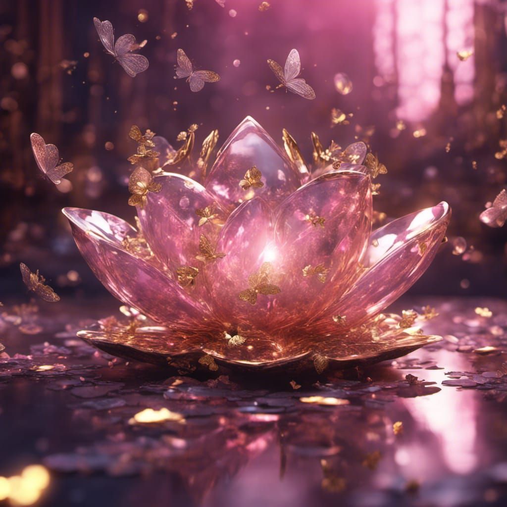 Shimmering Lotus Figurine with Golden Butterflies