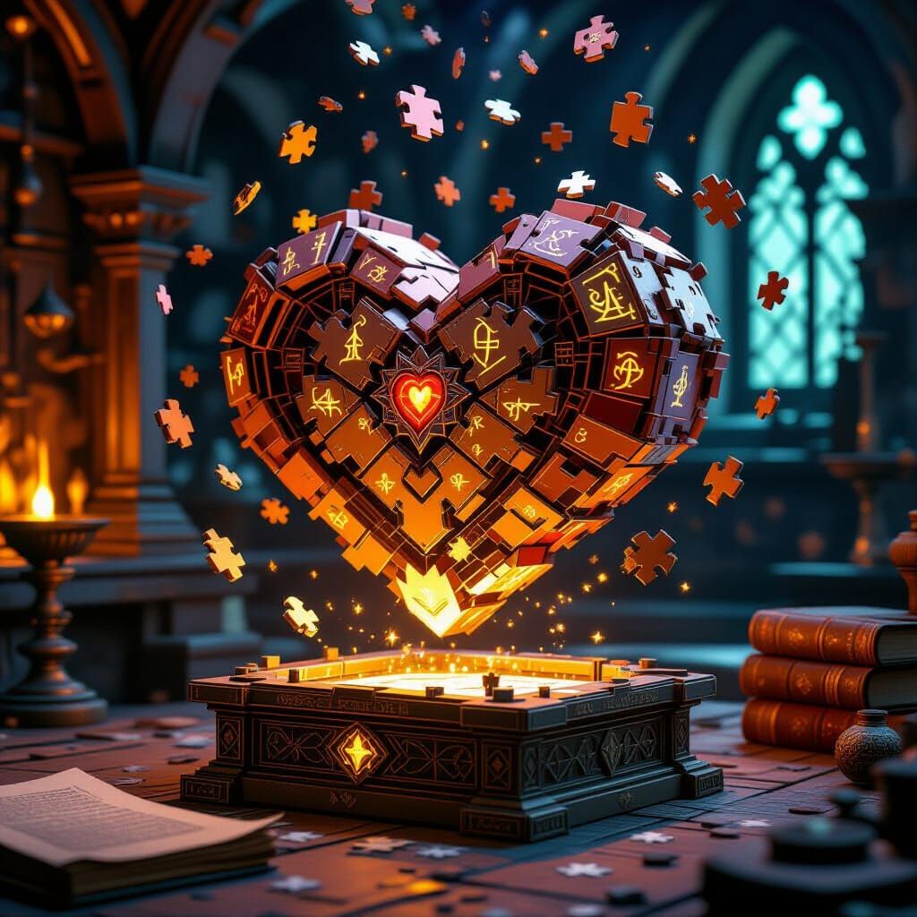 Assembled Dragon-Heart Engine Puzzle in Magical Workshop