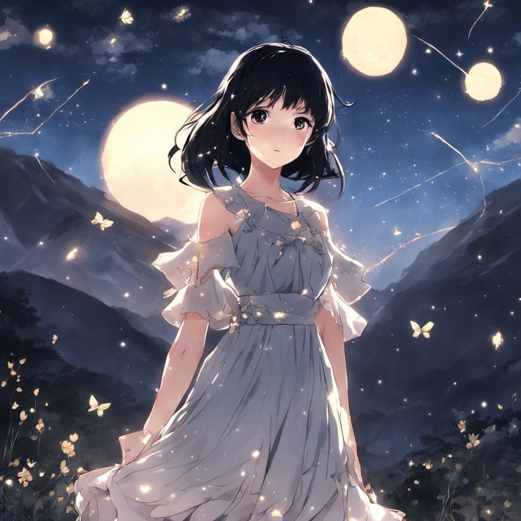 Starry Dress Girl in Mountain Night: Anime Style