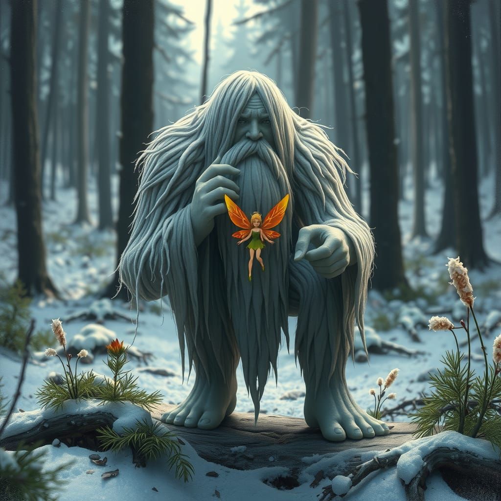 A tiny fairy held by Lord Eirik Frostbeard, a Frost Giant, i...