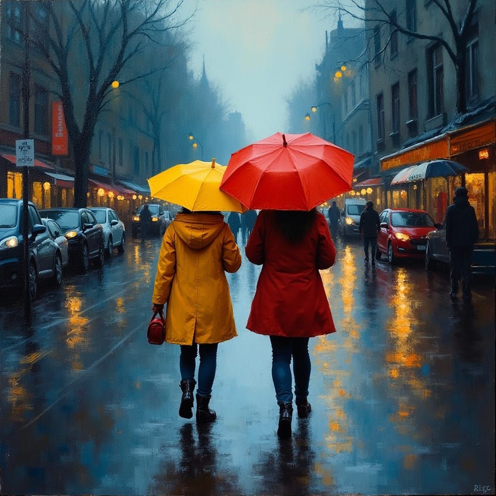 People with Umbrellas in Rainy Street Scene