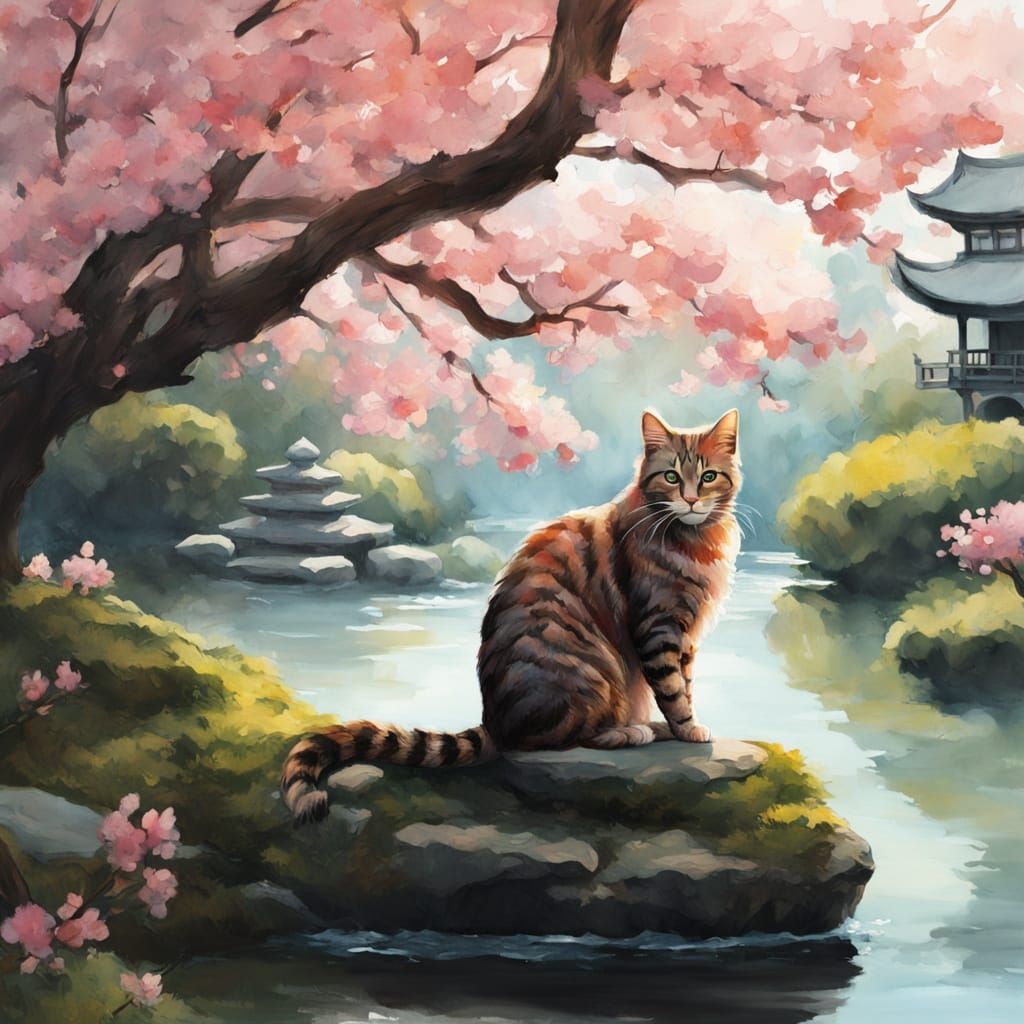 Japanese Garden with Koi Pond in Woodblock Print Style