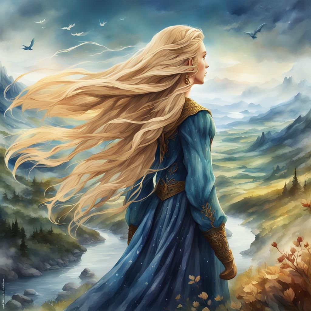 Fairytale Girl with Long Hair Watercolor Painting