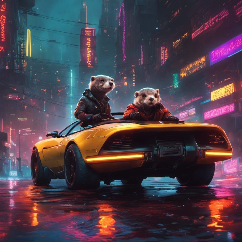 Cyberpunk Otter Driving a Fast Car