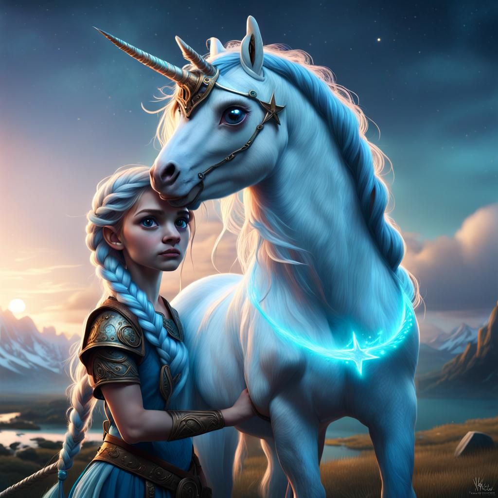 Girl with Bioluminescent Unicorn: Fantasy Concept Art