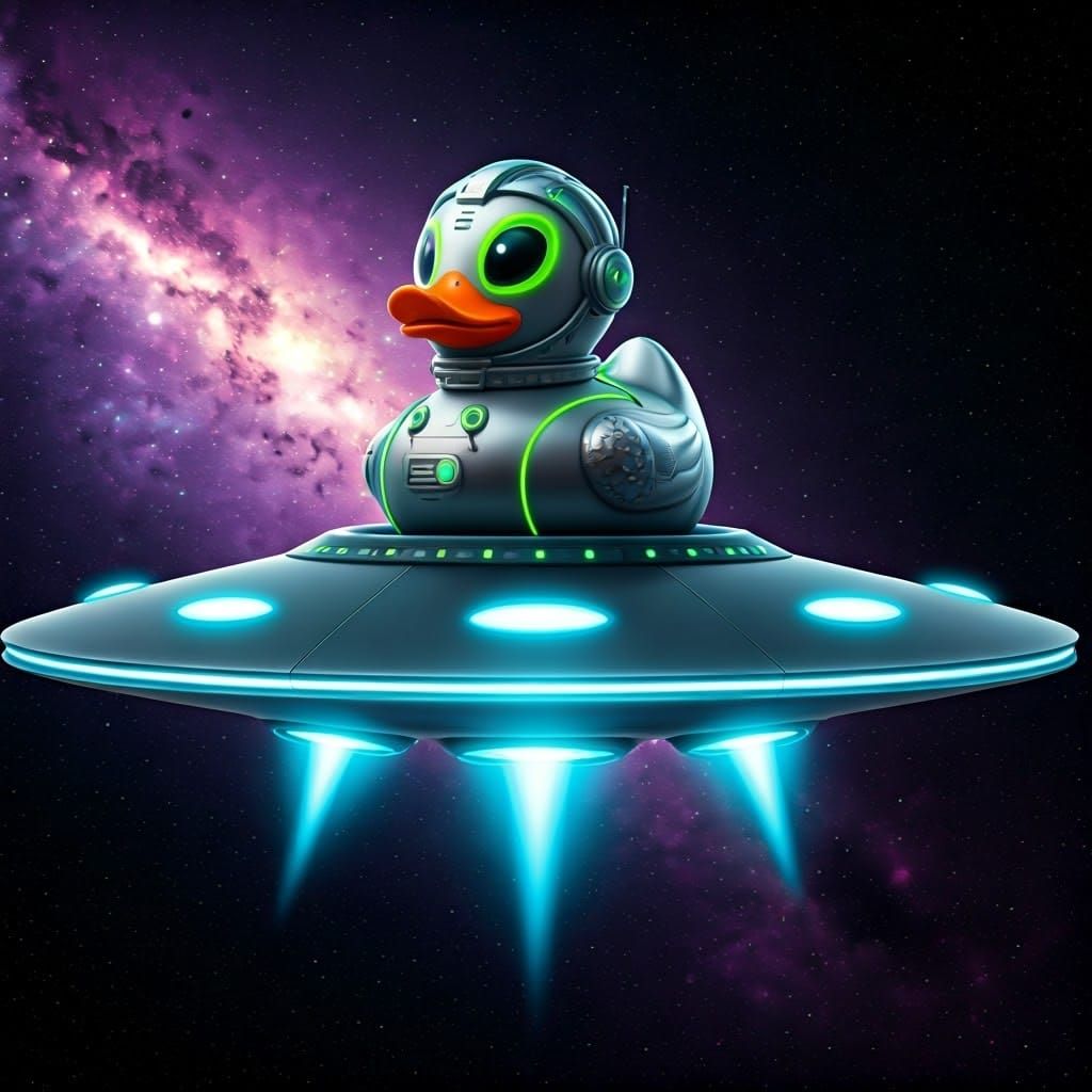 Retro-Futuristic Flying Saucer Descends on a Starry Outer Sp...