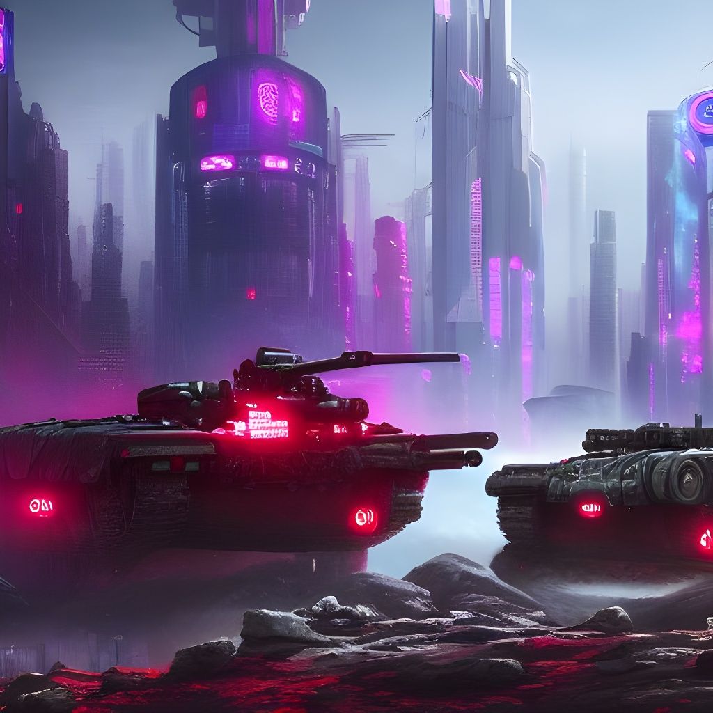 Cyberpunk Tank War in Detailed Matte Painting
