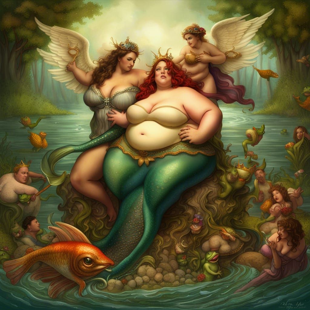Angel and Mermaid Wrestle in Estuary: Fantasy Art