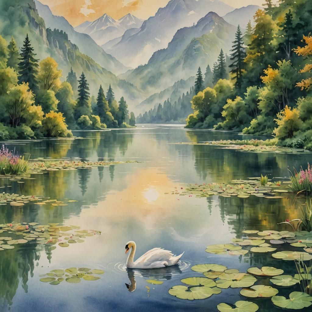 Swan on Serene Lake: Impressionistic Watercolor Painting