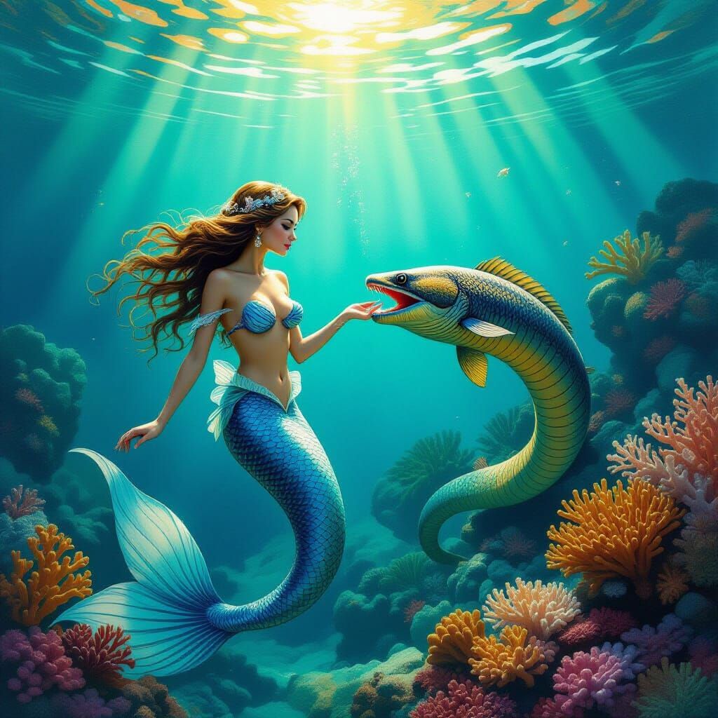 Mermaid and Moray Eel in Fantasy Oil Painting