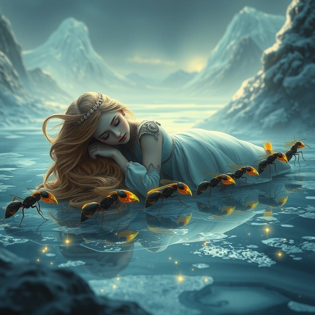Serene Princess Carried by Glowing Ants Across a Frozen Lake