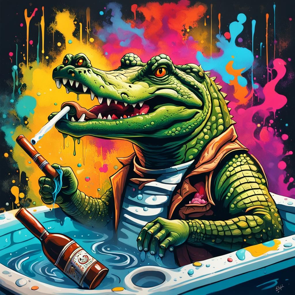 Crocodile's Relaxing Hot Tub Cigar Break: Graffiti Art