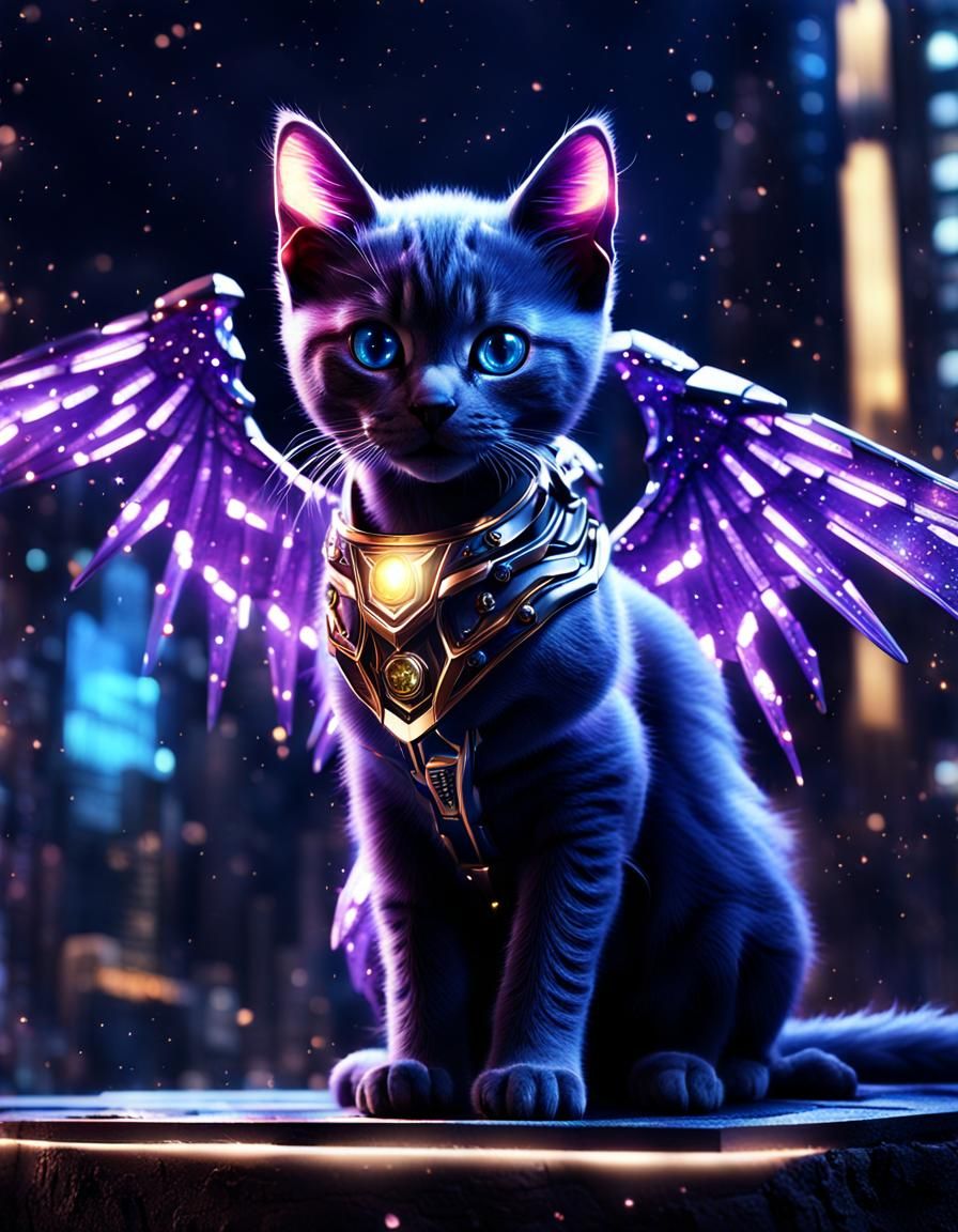 Cyberpunk Dark Angel Kitten with Crystalline Lights