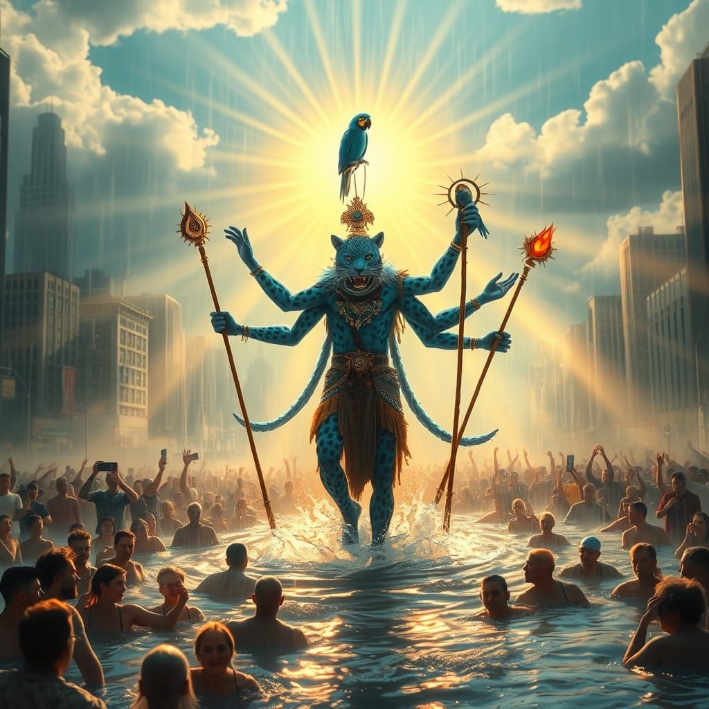 Rain Dancer Shaman in Flooded Cityscape