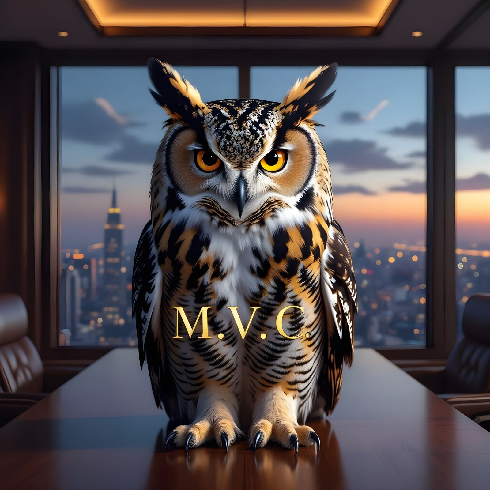 Majestic Owl-Tiger Hybrid in Elegant Boardroom