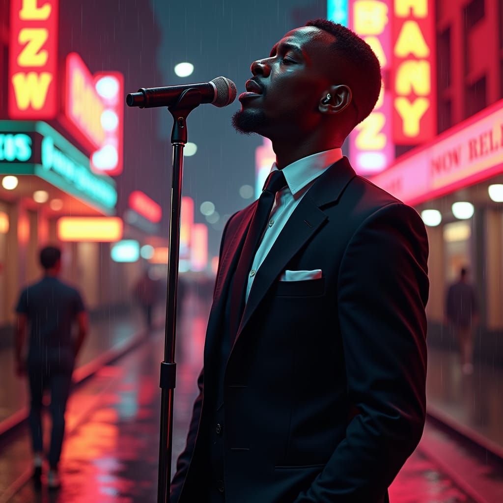 Blues Singer Under Neon Lights in Synthwave Style