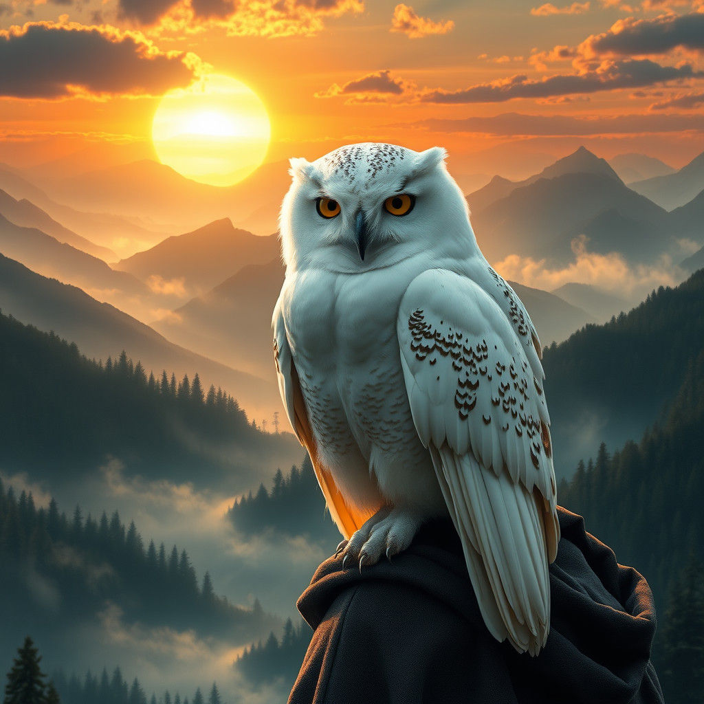 White Owl Perched on Shoulder in Digital Matte Painting