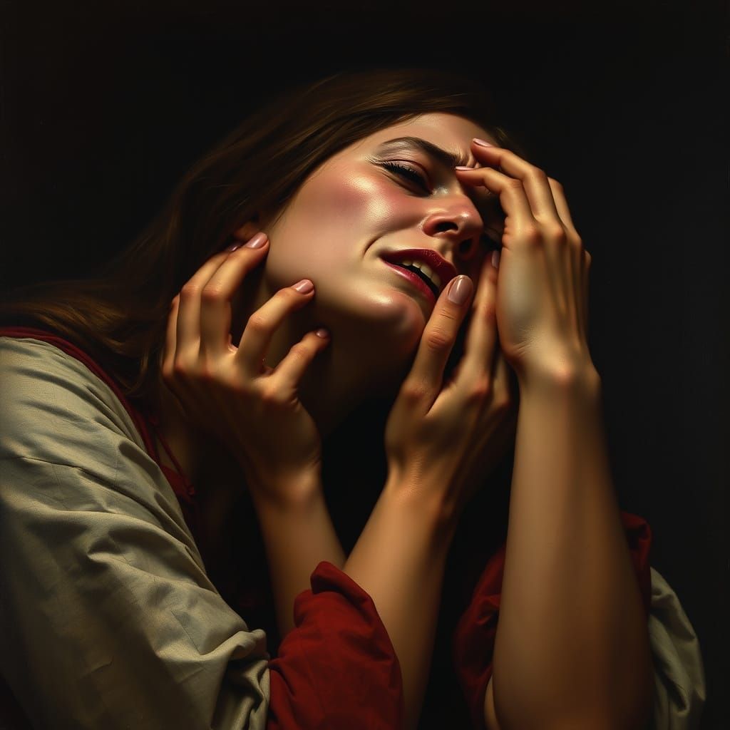 Sorrowful Mystic Woman in a Dark Caravaggio-Inspired Scene