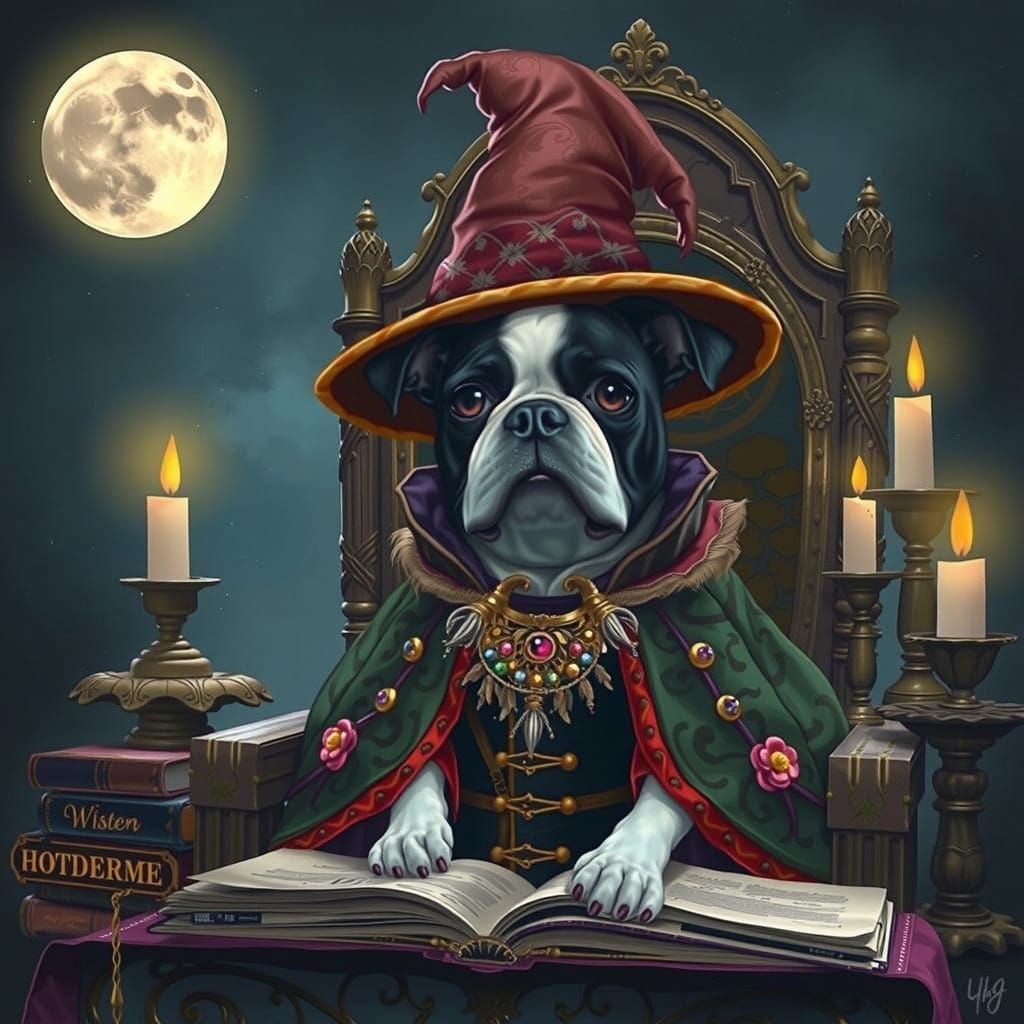 Whimsical Boston Terrier Wizard in Intricate Embroidered Rob...