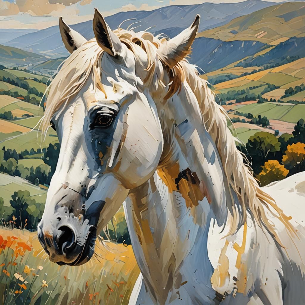 Majestic White Horse in Impressionist Gouache Style