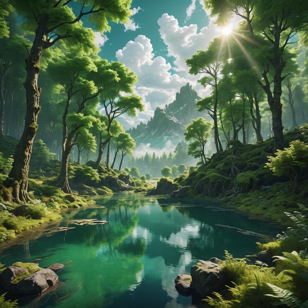 Emerald Lake Reflected in Green Forest: Matte Painting