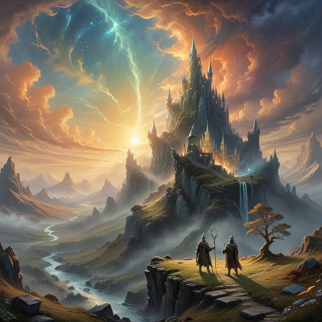 Three Elf Kings in Ethereal Landscape