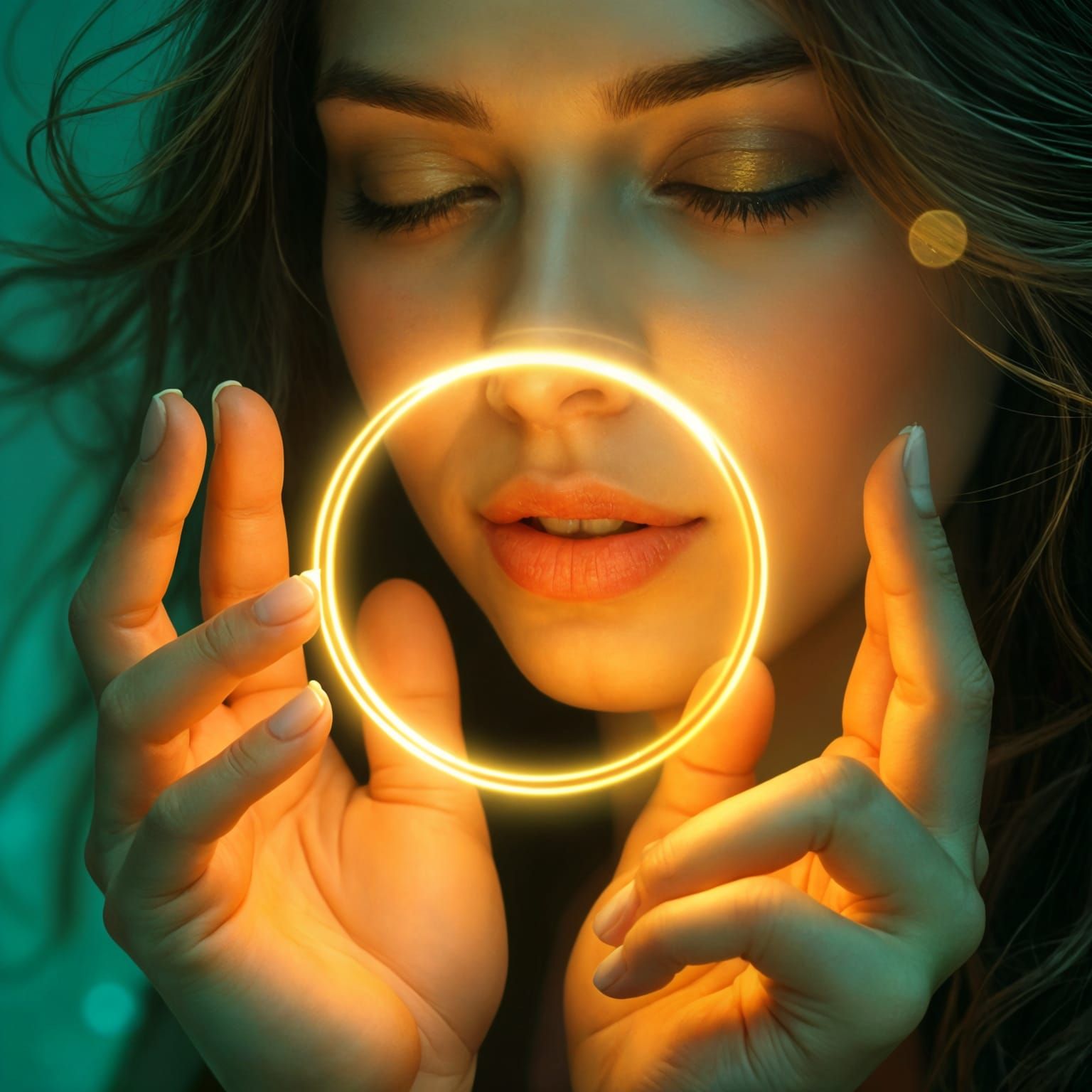 Serene Celestial Woman with Cosmic Rings in Soft Emerald Lig...