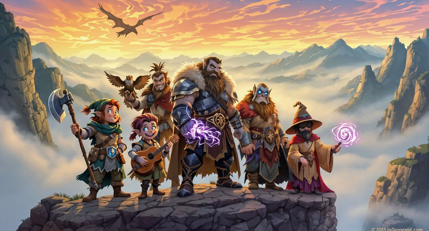 Heroic D&D Adventurers on a Cliffside, in Cartoon Style