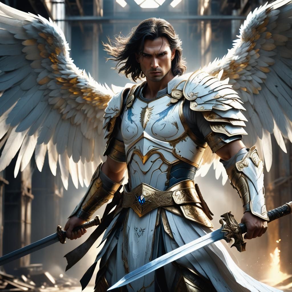 Angelic Warrior with Wings in Industrial Setting