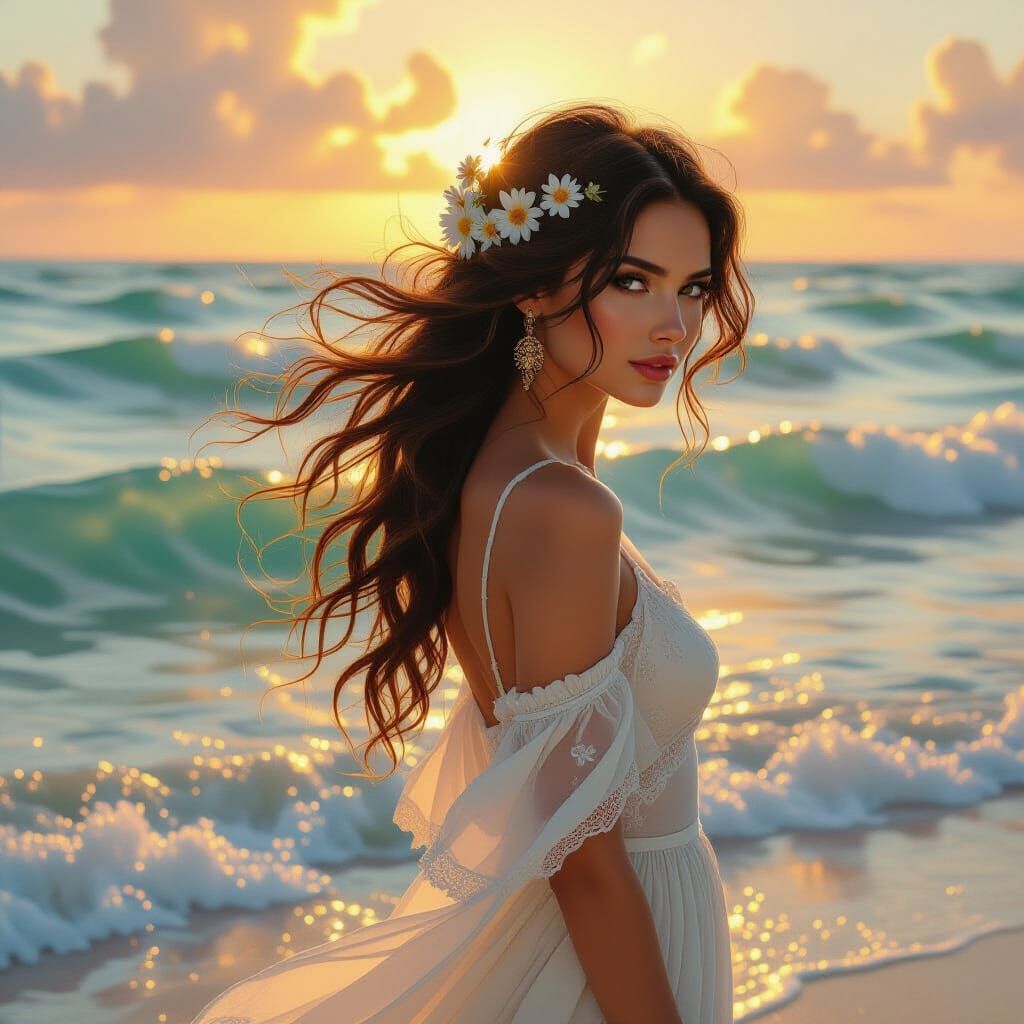 Surreal Watercolor Woman Amidst Shimmering Waves